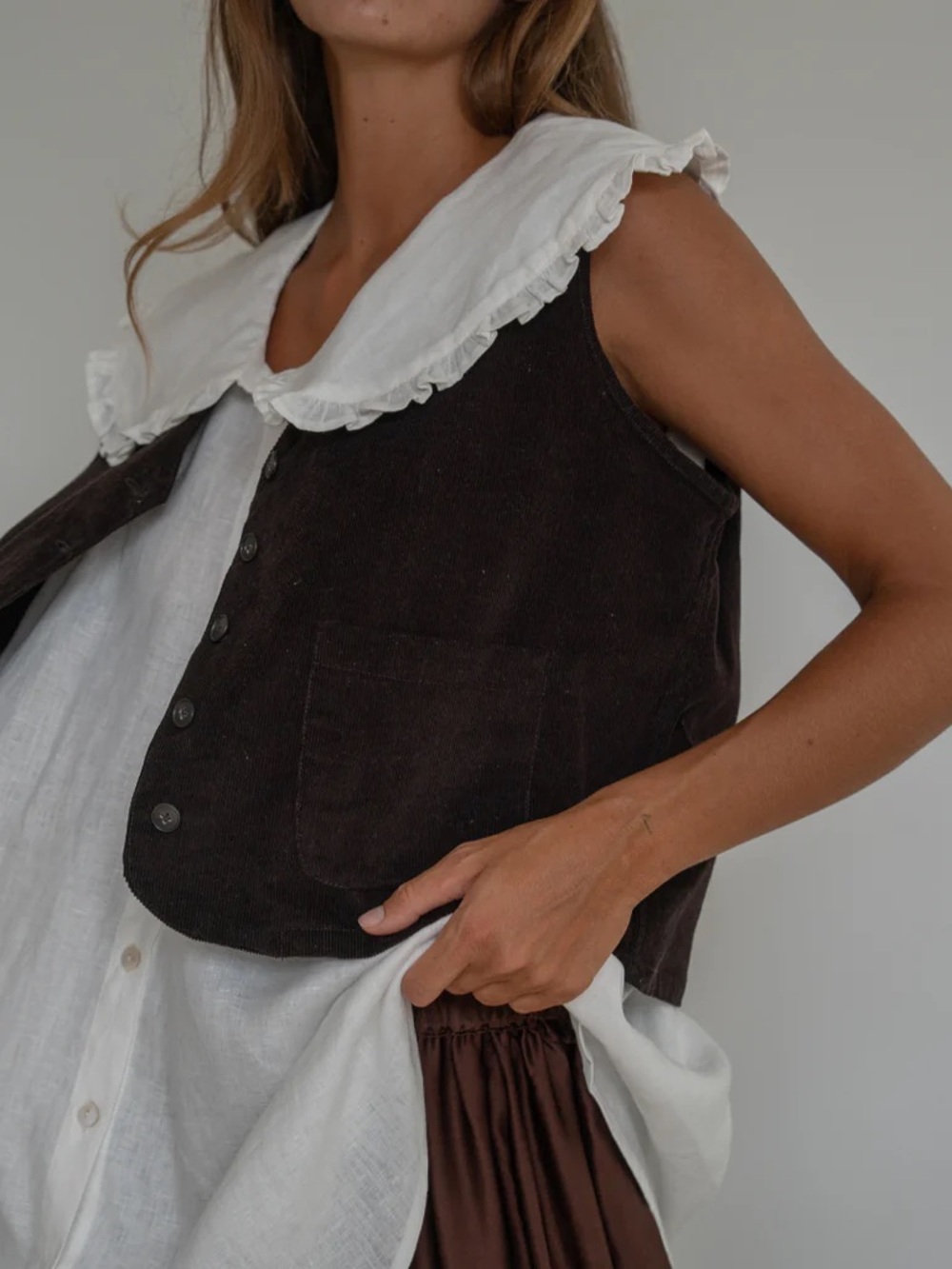 Avy & Co. Women's Corduroy Button Vest in Brown - Picture 2 of 5